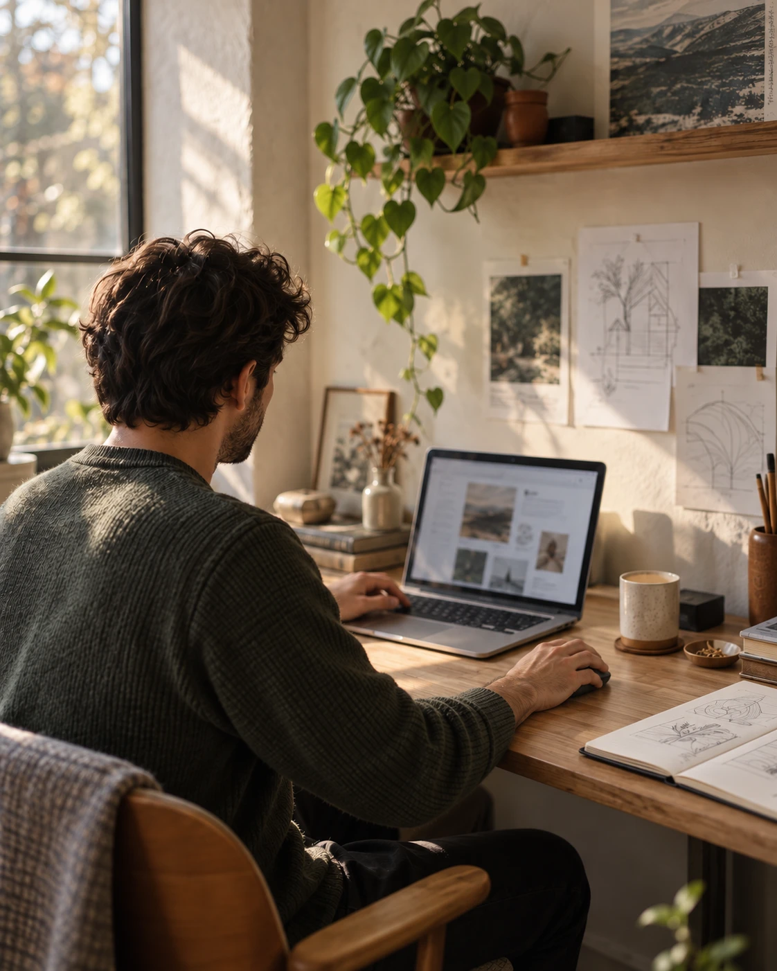 A developer using a mouse beside a laptop in a sunlit workspace